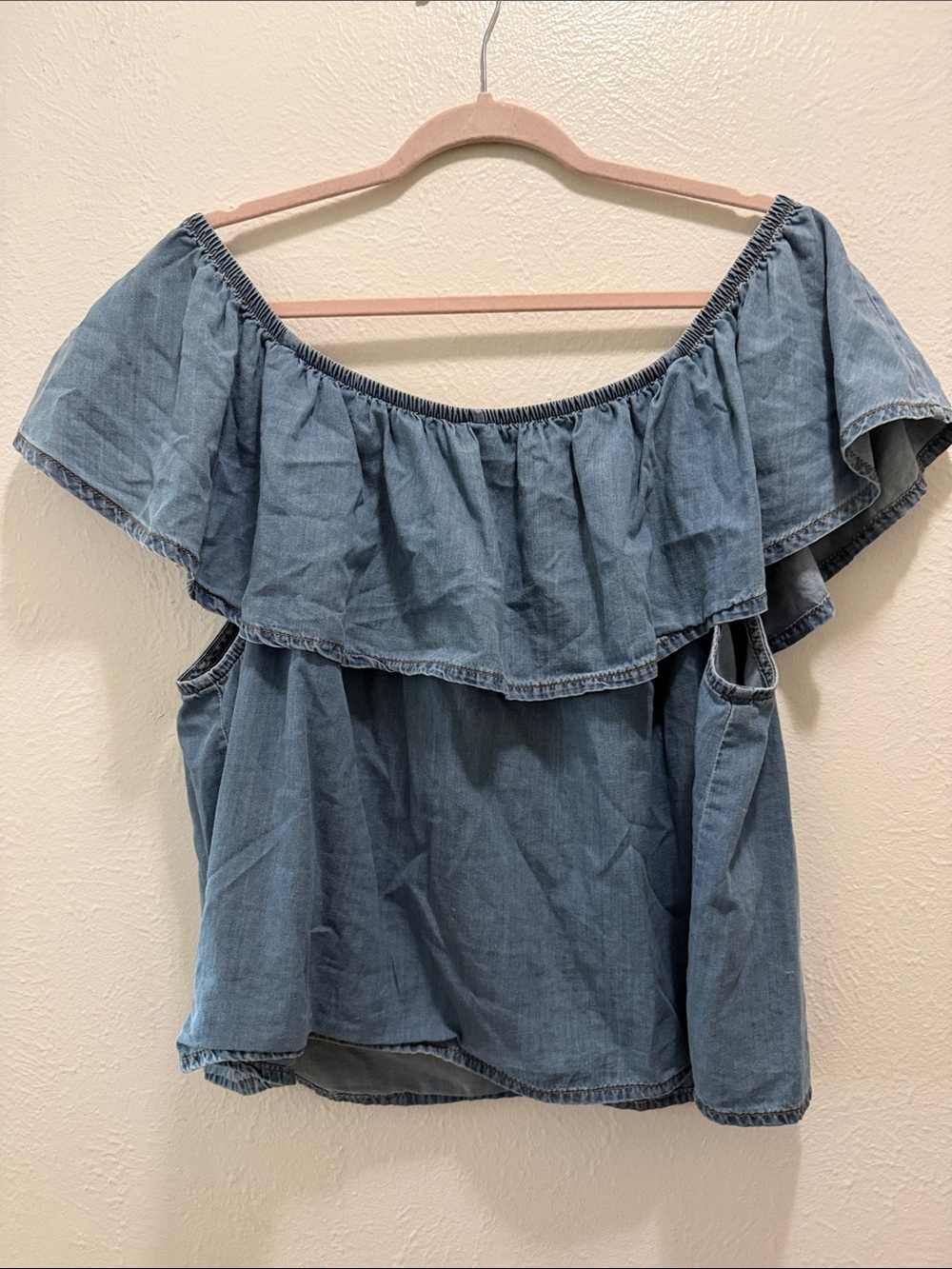 Chambray Off-Shoulder Ruffle Blouse - Light Blue